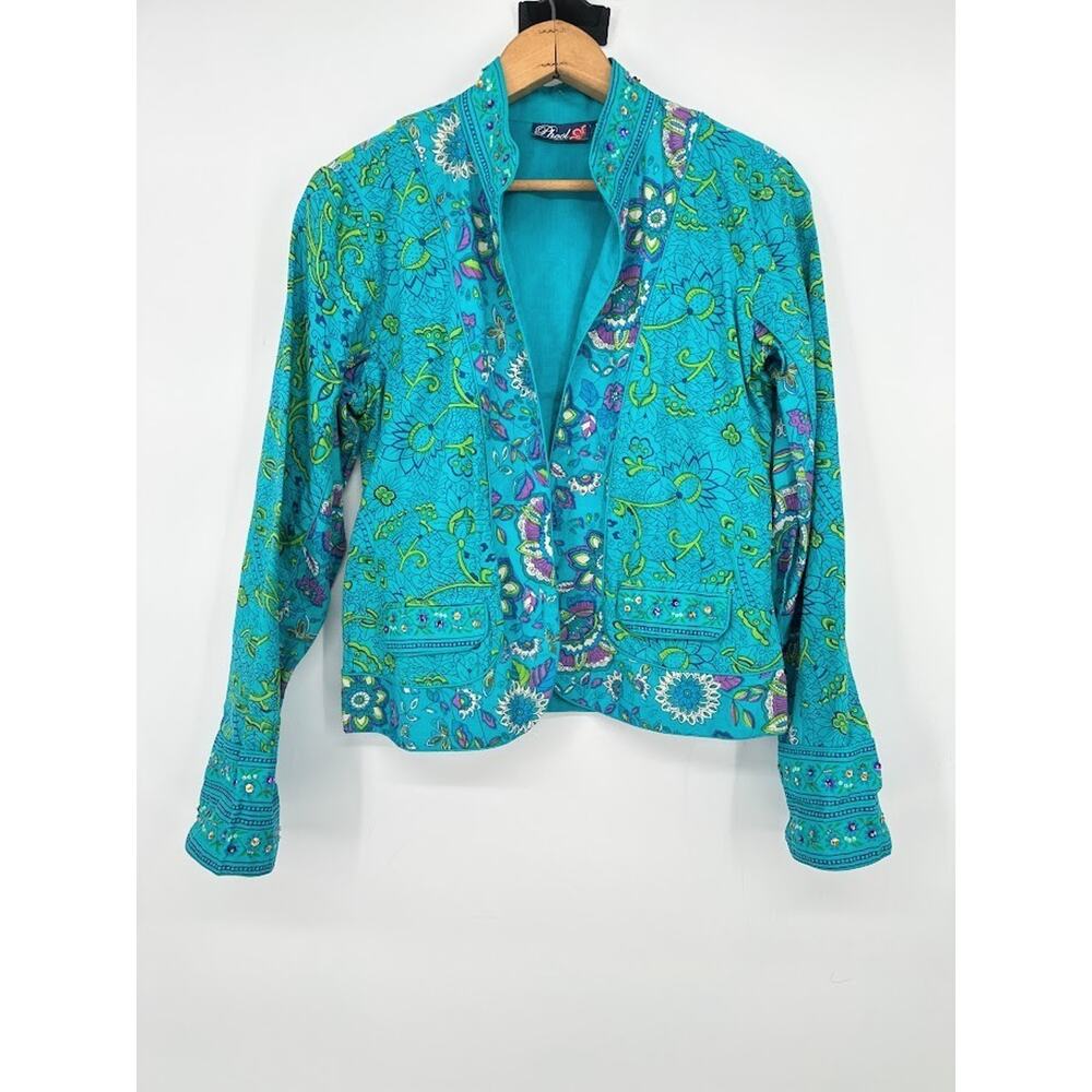 PHOOL Women’s Jacket Blue Floral Embellished India Cotton Hippie Artisan Boho S